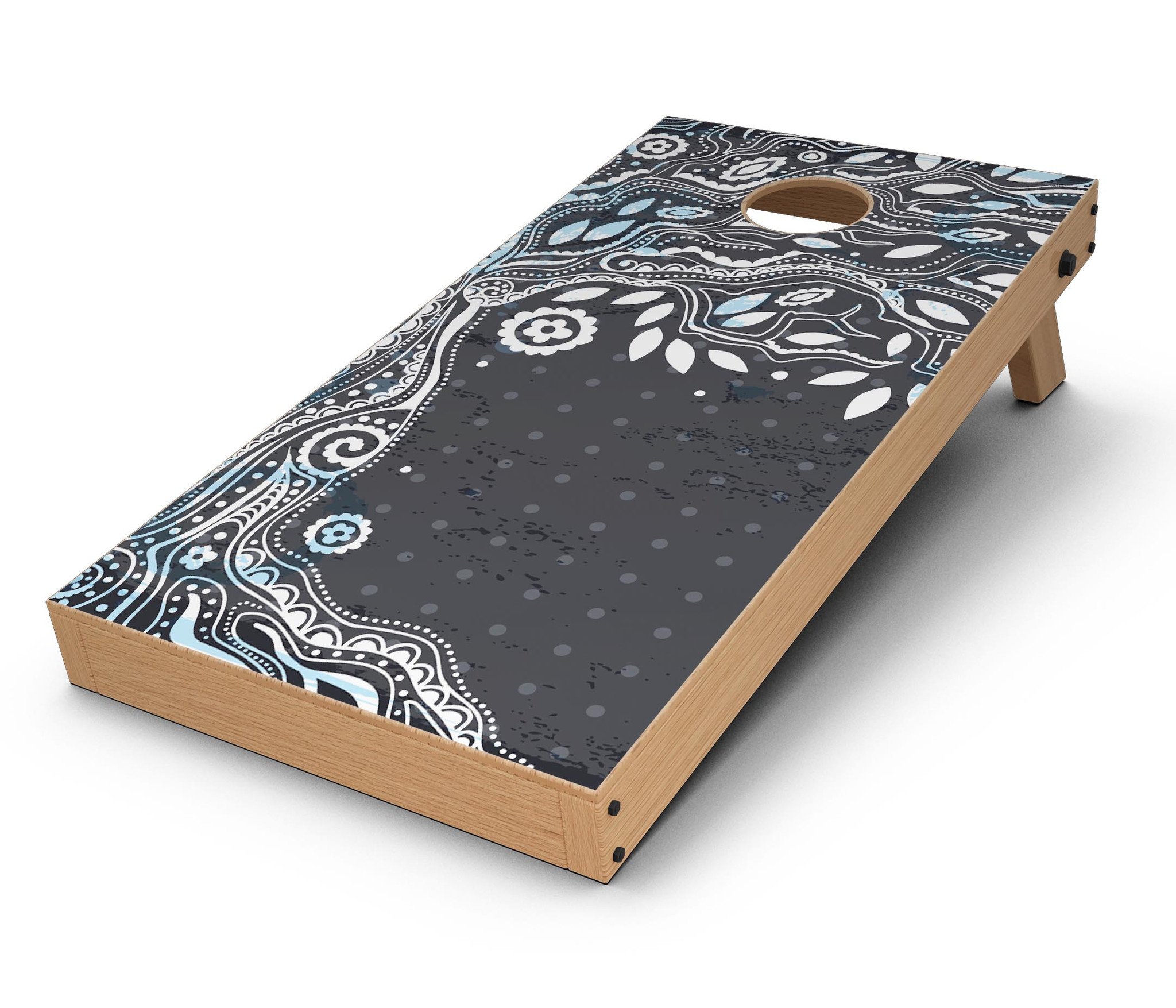 Flourish Black and White Tree Cornhole Board Skin Decal Kit showcasing a stylish tree design on premium vinyl.